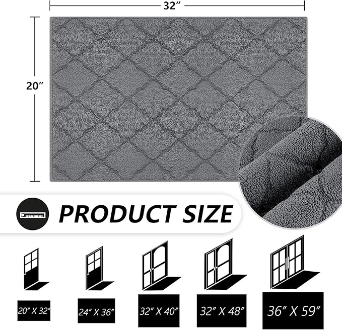 Timo Indoor Doormat, Front Door Mat 20"x32" Absorbent Rubber Backing Non Slip Door Mats, Machine Washable Resist Dirt Low Profile Rugs for Entryway, Front Door Rugs Indoor for Muddy Wet Shoes, Grey