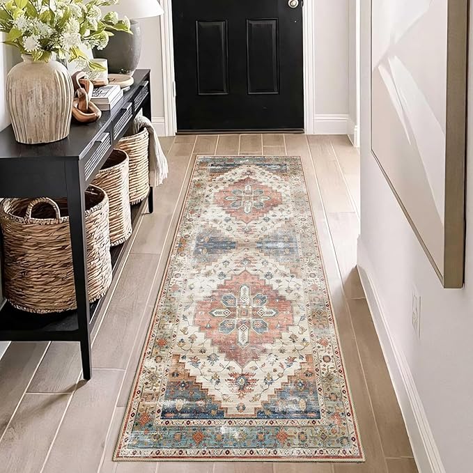 Enkor Runner Rugs for Hallway, 2x6 Washable Soft Non Slip Floor Rugs for Kitchen, Modern Mat for Living Room Bedroom Entryway Beige & Red