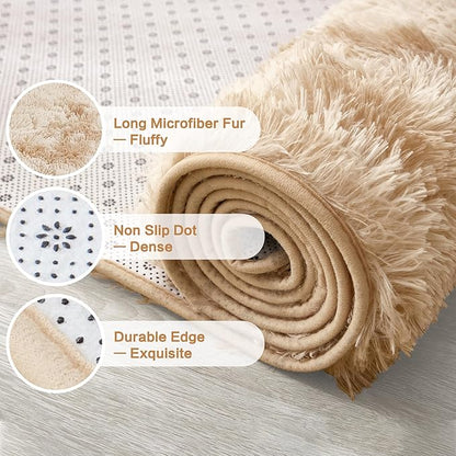 Andency Soft Area Rugs for Living Room Bedroom, 4x6 Fluffy Shaggy Bedside Rug, Non-Slip Large Shag Fuzzy Plush Carpets for Bedroom Kids Dorm Nursery Home Decor Aesthetic, Tie-Dyed Beige
