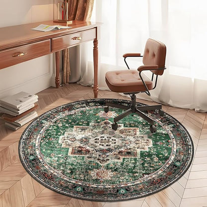 Round Rug 4ft for Bedroom, Green Washable Circle Rug Non-Slip Boho Area Rug 4' Round Carpet for Dining Room Kitchen Dorm Bathroom Low Pile Soft