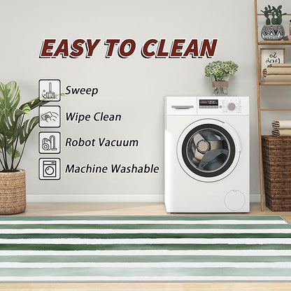 Striped Large Area Rug 8x10 - Green and White Stripe Minimalist Watercolor Rugs for Living Room Non Slip Low Pile Machine Washable Dining Room Rug, Striped Carpet Home Decor & Gifts