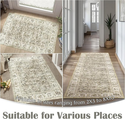 jinchan Fiora Hallway Runner Rug 3x10 Washable Runner - Vintage Floral Non Slip Low-Pile Soft Thin Faux Wool Kitchen Rug Distressed Carpet for Farmhouse Bedroom Laundry Room(3x10ft, Taupe)