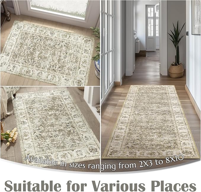 jinchan Fiora Runner Rug 2x5 Washable Hallway Runner- Vintage Floral Non Slip Low-Pile Soft Thin Kitchen Rug Distressed Carpet for Farmhouse Bedroom Entryway Laundry Room(2x5ft, Taupe)
