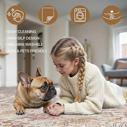 Bavni Area Rug 3x5, Non-Slip Washable Rugs for Living Room Office, Boho Distressed Printed Rug, Low Pile Foldable Decorative Carpet for Bedroom Kitchen Office, Retro Multi