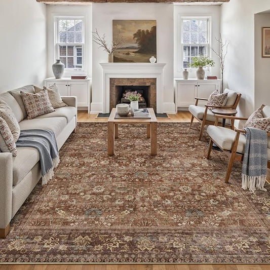 HUGEAR 6x9 Machine Washable Rugs Brick Red Hallway Large Area Rug Indoor Accent Rug Floral Low Pile Carpet Soft Throw Aesthetic Rug Bedroom Living Room Office Dining Room Kitchen Laundry Room