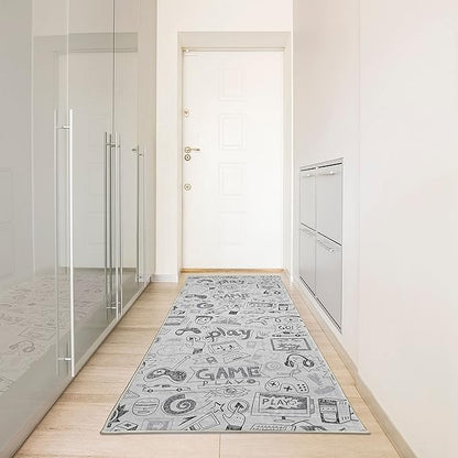 Ambesonne Video Games Decorative Rug, Monochrome Sketch Gaming Design Racing Monitor Device Gadget Teen 90's, Quality Carpet for Bedroom Dorm and Living Room, 2' 5" x 7' 5", Pale Grey