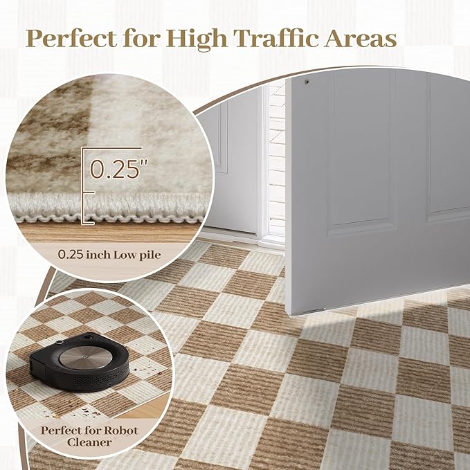 LIVEBOX Checkered Round Rug 4 Ft Washable Area Rug for Playroom, Kids Non-Slip Neutral Classic Circle Rug Geometric Large Carpet Soft Boys Rug for Classroom Dorm Bedroom(Brown,120R)