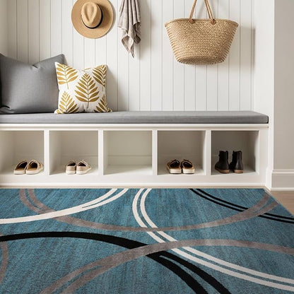 Rugshop Modern Wavy Circles Design Area Rug, Fade-Resistant Carpet for Living Room, Bedroom, or Office, Blue, 6'6" x 9'
