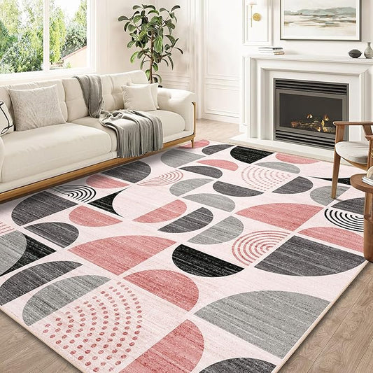 MUJOO Pink Washable Rugs 8x10,Boho Area Rugs for Living Room Bedroom,Large Throw Floor Carpet Non Slip Soft Modern Abstract Pink and Grey