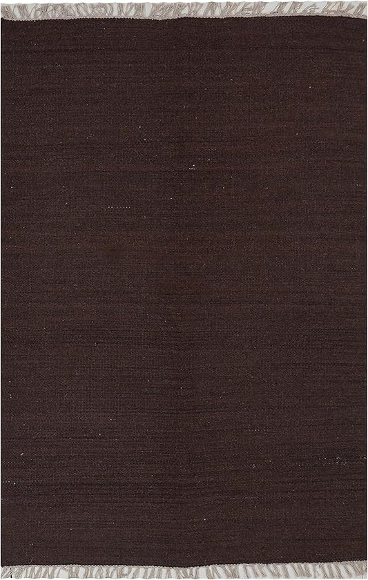 Rugsotic Carpets Hand Woven Flat Weave Kilim Wool ECO-Friendly Area Rugs - 3'x5', Rectangle Shape, Dark Brown Color, Solid Plain Design, Low Pile Handmade Rugs for Living Room, Bed Room (D00111)