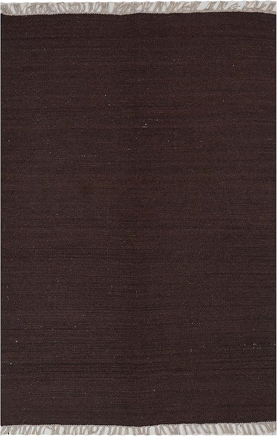 Rugsotic Carpets Hand Woven Flat Weave Kilim Wool 5'x8' Area Rug Solid Dark Brown D00111