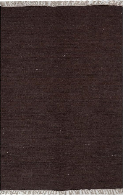 Rugsotic Carpets Hand Woven Flat Weave Kilim Wool 5'x8' Area Rug Solid Dark Brown D00111