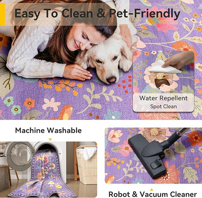 Floral 8x10 Area Rug Machine Washable Soft Print Boho Carpet Non Slip Doormat Low Pile Flower Area Rugs for Living Room Bedroom Nursery Kitchen Dining Room Indoor-Purple/Pink/Multi