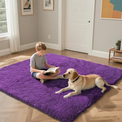 Purple Fluffy Rug Shaggy Area Rug, 5x8 Area Rugs for Girls Bedroom, Soft Cute Baby Play Mat, Indoor Floor Carpet for Teen, Nursery, Preppy Dorm, Plush Aesthetic Bedside Rug
