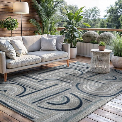 CAMILSON Indoor Outdoor Rug, Blue 5x7 Geometric Arch Striped Area Rugs for Patio and Home Areas, Easy-Cleaning Non-Shedding Living Room, Garden and Deck Washable Outside Carpet (5 x 7)