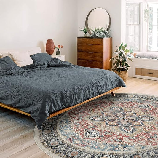RUGGABLE Washable Vintage Area Rug – Kamran Cayenne Red 8 ft Round, Stain-Resistant, Non-Slip – Large Machine Washable Rugs for Living Room, Bedroom, Hallway, Entryway & Office–with Cushioned Pad