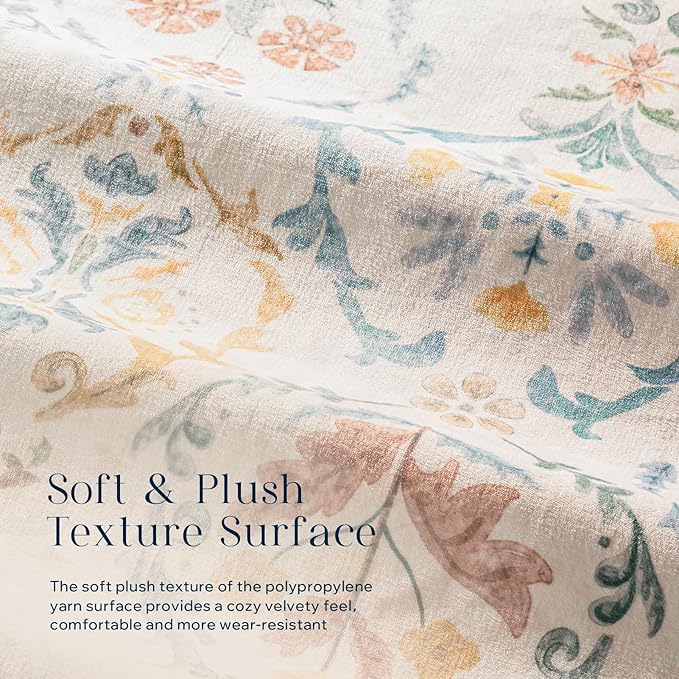Phantoscope Washable Area Rug 5'x7' Non-Slip, Vintage Floral Boho Rugs for Living Room, Bedroom, DiningRoom, Soft Botanical Moroccan Pattern, Low-Pile Foldable Floor Carpet, Ivory Pink/Boho Garden