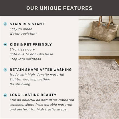 Washable Non Slip Stain Resistant 2x5 Runner Rug for Bathroom, Kitchen, Laundry Room, Bedroom Beside Bed, Unique Tan Distressed Abstract Eclectic Runner Décor, Beige Brown