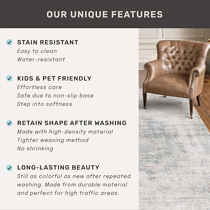 Light Blue Area Rugs 8x12 for Living Room - Abstract Medallion Blue Gray Rug for Bedroom, Dining Room Under Table, Washable Non Slip, Fade & Stain Resistance