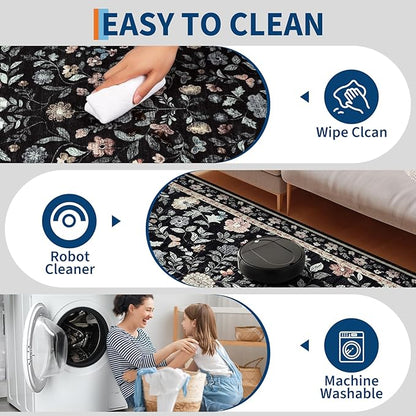 GarveeHome Washable Runner Rug 2.5 x 8 Non-Slip Non-Shedding Soft Vintage Bedside Low Pile Farmhouse Floral Carpet, Indoor Foldable Printed Entryway Rug for Hallway Kitchen, Black