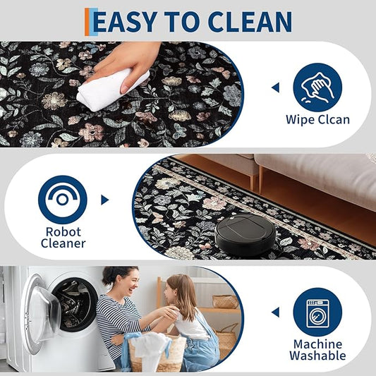 GarveeHome Washable Runner Rug 2.5 x 8 Non-Slip Non-Shedding Soft Vintage Bedside Low Pile Farmhouse Floral Carpet, Indoor Foldable Printed Entryway Rug for Hallway Kitchen, Black