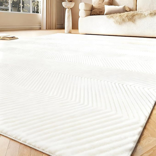 Area Rug for Living Room - 3x5 Soft Faux Rabbit Fur Modern Geometric Wave Carpet for Bedroom, Light Beige
