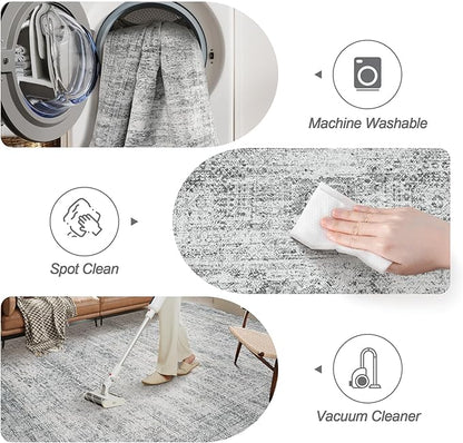 2x3 Washable Rugs for Kitchen, Floor, Entryway, Powder Room Small Area Rug Non-Slip Vintage Low Pile Throw Door Mat Grey