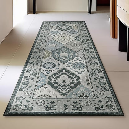 Phantoscope Washable Runner Rug 2'x6' Non-Slip, Vintage Boho Hallway Rugs for Entryway, Stair, Bedroom, Distressed Moroccan Mosaic Diamond Pattern, Low-Pile Foldable Floor Carpet, Grey Charcoal