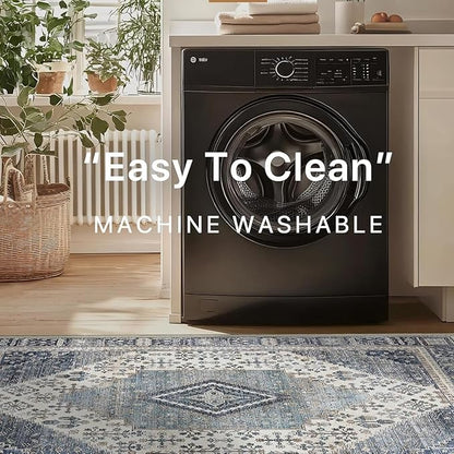 GENIMO 8x10 Area Rugs for Living Room, Machine Washable Non Slip Vintage Rugs, Low Pile Lightweight Chenille Print Rug for Bedroom, Dining Room, Home Office, Navy/Cream
