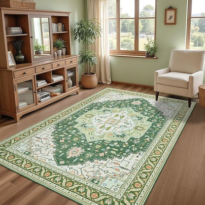 6x9 Green White Area Rug for Living Room, Machine Washable Rugs with Non-Slip Backing for Bedroom, Vintage Medallion Carpet Dining Room Office Kids Room Decor