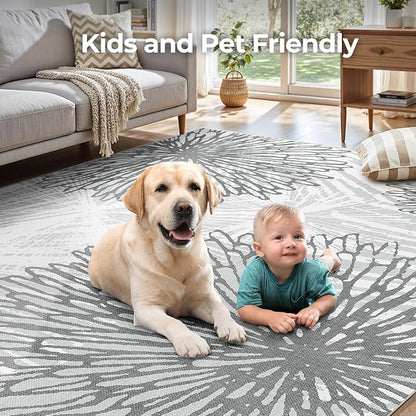 WITSHOCK 5x7 Washable Rug for Living Room,Modern Floral Distress Print Pattern Area Rugs,Stain Resistant with Non Slip Backing Carpet for Dining Room,Bedroom & Home Decor,Grey White