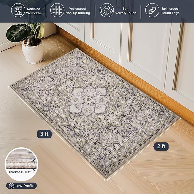 PURRUGS Vintage Farmhouse Boho Throw Rug 2x3 ft, Non-Slip Machine Washable Rug, Accent Oriental Area Rug for Entryway, Kitchen, Bedroom, Living Room and Dining Room, Taupe/Vanilla