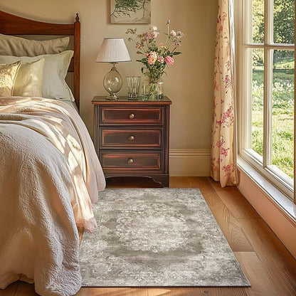 jinchan Washable Area Rug 3x5 Entryway - Soft Distressed Vintage Floral Indoor Bedroom Rug Faux Wool Low Pile Small Oriental Accent Carpet for Kitchen, Entrance, Bedside, Dining Room(Brown, 3'x5')