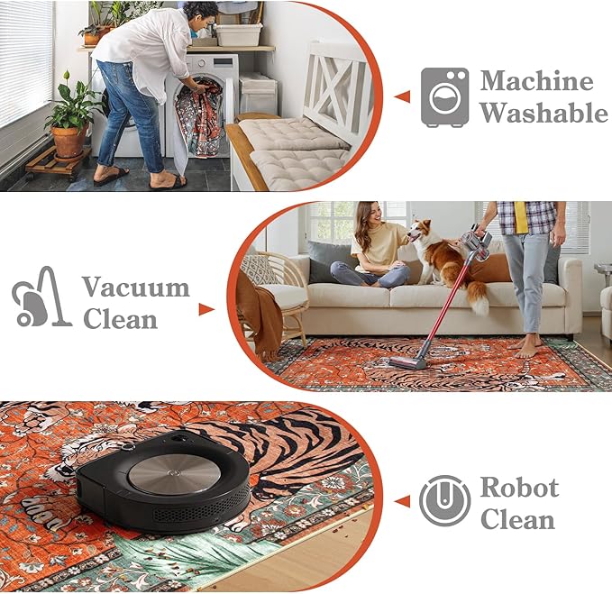 Moynesa Tiger 3x5 Washable Rug, Boho Area Rugs for Entryway, Non Slip Small Rug for Bedroom, Ultra Thin Botanical Vintage Soft Accent Carpet for Kitchen Entry Laundry Room, Rust