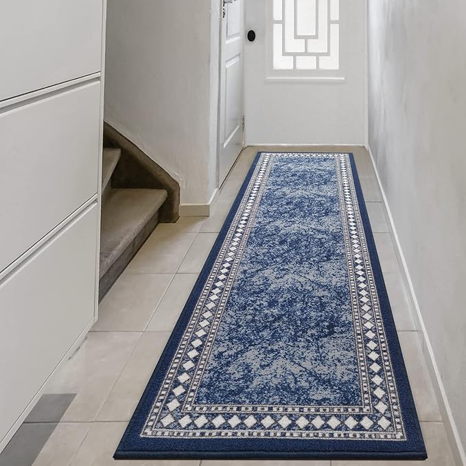 Antep Rugs Alfombras Modern Bordered 2x10 Non-Skid (Non-Slip) Low Profile Pile Rubber Backing Indoor Area Runner Rugs (Navy Blue, 2' x 10')