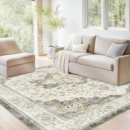 Marsail 6x9 Machine Washable Area Rug, Soft & Slip-Resistant Large Area Rug with Reinforced Bound Edges, Vintage Short-Pile Washable Rug with Floral Pattern for Living Room, Dinning Room and Bedroom