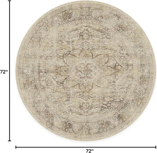 RUGGABLE Washable Vintage Area Rug – Sarrah Hazel 6 ft Round, Stain-Resistant, Non-Slip – Medium Machine Washable Rugs for Living Room, Bedroom, Hallway, Entryway & Office–with Standard Pad