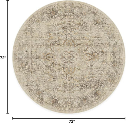 RUGGABLE Washable Vintage Area Rug – Sarrah Hazel 6 ft Round, Stain-Resistant, Non-Slip – Medium Machine Washable Rugs for Living Room, Bedroom, Hallway, Entryway & Office–with Cushioned Pad