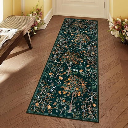 Morebes Boho Floral 2x6 Kitchen Runner Rug, Washable Rug Runners for Hallways Non Slip, Soft Botanical Flower Indoor Floor Carpet Runners for Bathroom Entryway Laundry Room, Dark Green