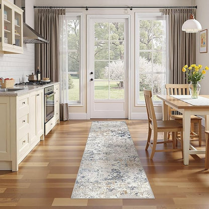 Washable Runner Rug for Hallway: 2x6 Neutral Modern Abstract Low Pile Area Rug with Non-Slip Backing - Carpet for Bedroom Kitchen Laundry Entryway Bathroom Indoor - Beige Blue