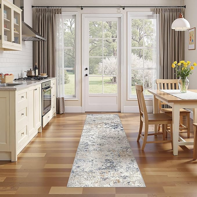 Washable Runner Rug for Hallway: 2.6x14 Neutral Modern Abstract Low Pile Area Rug with Non-Slip Backing - Carpet for Bedroom Kitchen Laundry Entryway Bathroom Indoor - Beige Blue