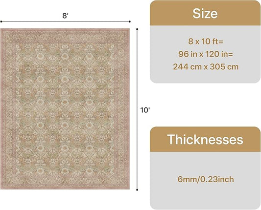 8x10 Washable Area Rug for Living Room, Non Slip Water Repellent Low Pile Carpet for Bedroom & Home Decor, Lightweight Carpet, Brown Pink