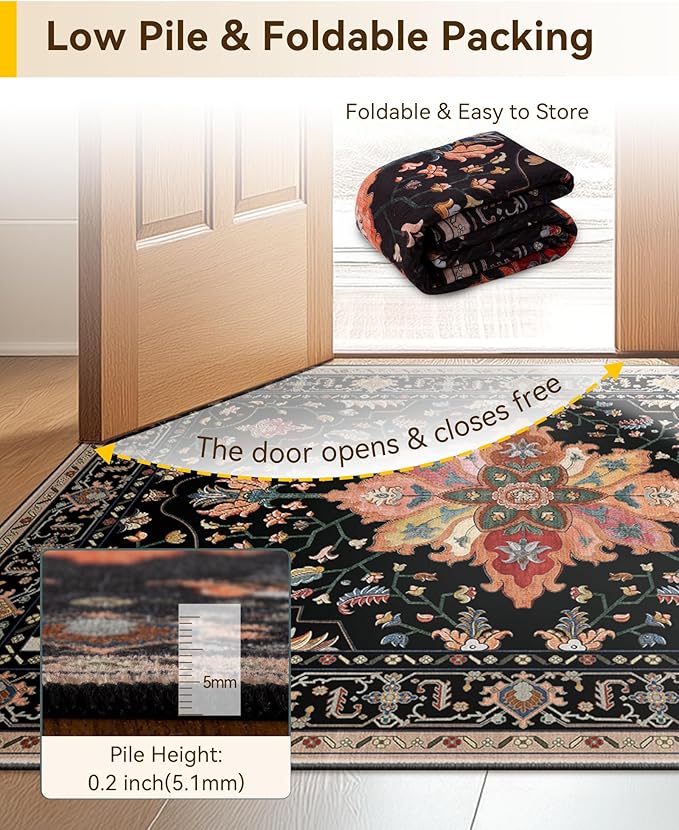 Area Rugs 4'x6' Washable Non-Slip, Floral Vintage Distress Print Pattern Medallion Carpet for Living Room Bedroom Dining Room, Black Colorful Floral Dark Tan