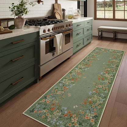 Lahome Boho Floral 2'6"x8 Green Washable Hallway Kitchen Runner Rug, Non Skid Bathroom Carpet Runners, Soft Non-Slip Indoor Rug Runners for Entryway Laundry Bedroom(Green,2'6"x8)