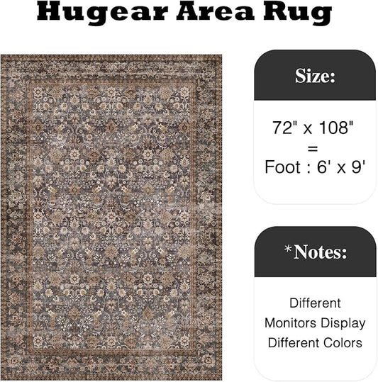 HUGEAR 6x9 Machine Washable Rugs Tradition Brown Hallway Large Area Rug Indoor Accent Rug Floral Low Pile Carpet Soft Throw Aesthetic Rug Bedroom Living Room Office Dining Room Kitchen Laundry Room
