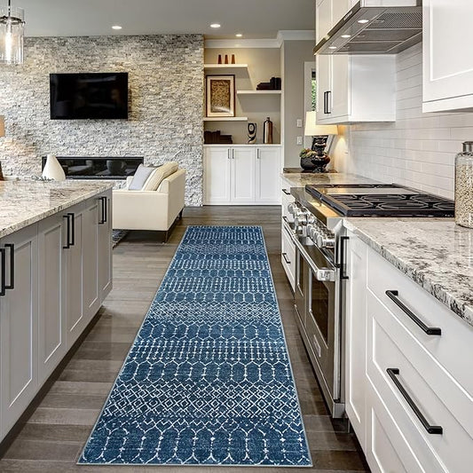 Lahome Moroccan Washable Runner Rug 2x10, Non Slip Hallway Runner Rug 10 Ft Ultra-Thin Kitchen Runners Non Skid, Soft Modern Geometric Print Carpet Runners for Entryway Stair (Blue, 2'x10')