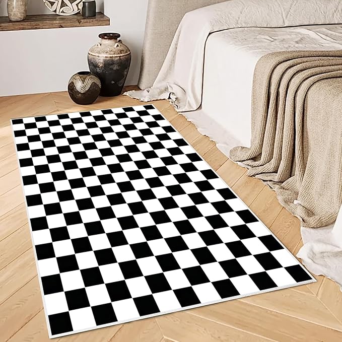 Checkered Rug 3x5 Washable Bedroom Rug Modern Indoor Non-Slip Black and White Checkered Kitchen Carpet for Dining Table Dorm Decor (Black and White, 3x5ft)