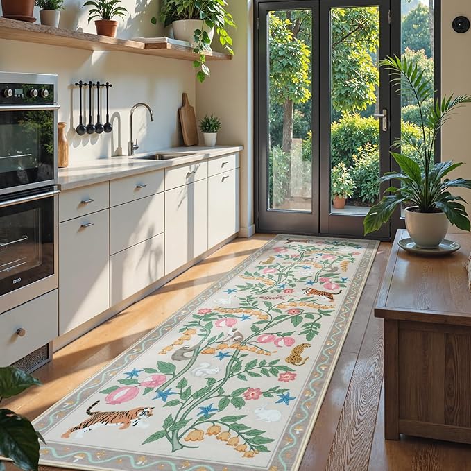 Collive Runners Rug for Hallway 2.6x8, Jungle Animal Washable Kitchen Runner Carpet Non Slip Soft Bathroom Mats, Beige Low Pile Stain Resistant Entryway Rugs for Bedroom, Indoor Decor