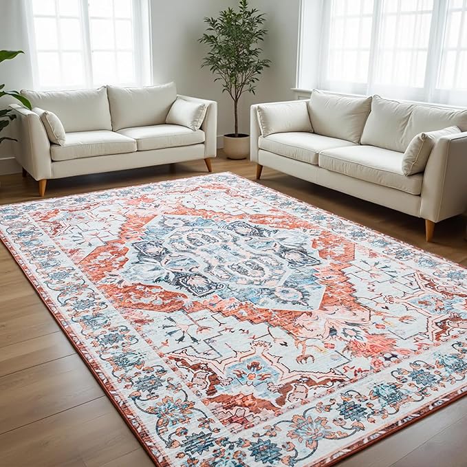 Area Rug for Living Room, 9x12 Machine Washable Non Slip Large Faux Wool Throw Rug, 0.3″ Low Pile & Non-Shedding Boho Large Carpet Rugs for for Dining Room, Bedroom, Office (Pastel Orange)