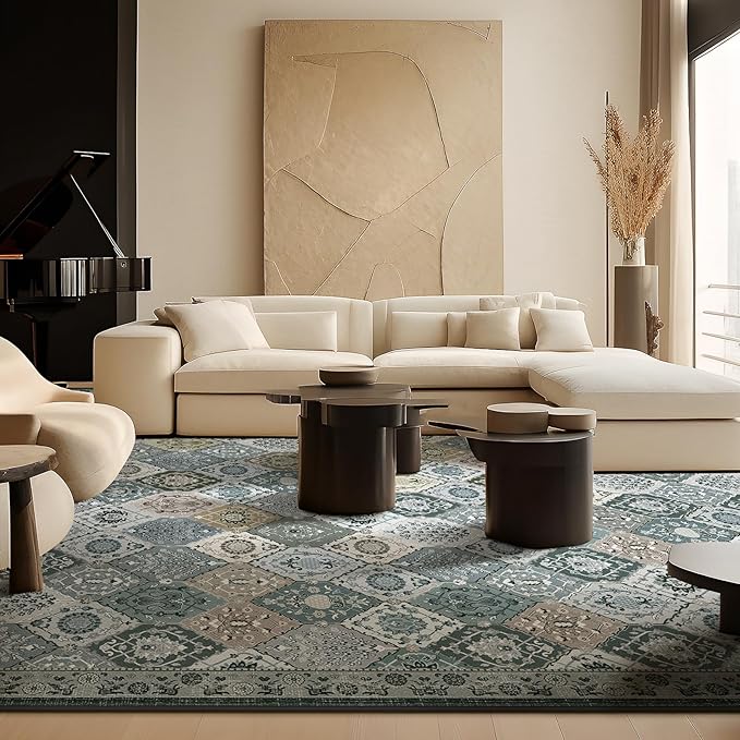 Phantoscope Washable Area Rug 8'x10' Non-Slip, Vintage Boho Rugs for Living Room, Bedroom, Dining Room, Distressed Moroccan Mosaic Diamond Pattern, Low-Pile Foldable Floor Carpet, Grey Charcoal